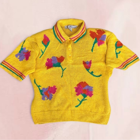 American Vintage Tops - Yellow Floral Knit Polo Top - Vintage 80s